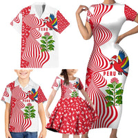 Peru Christmas Family Matching Short Sleeve Bodycon Dress and Hawaiian Shirt with Santa Macaw Cantuta Flower Red Swirl Pattern and Festive Design - Wonder Print Shop