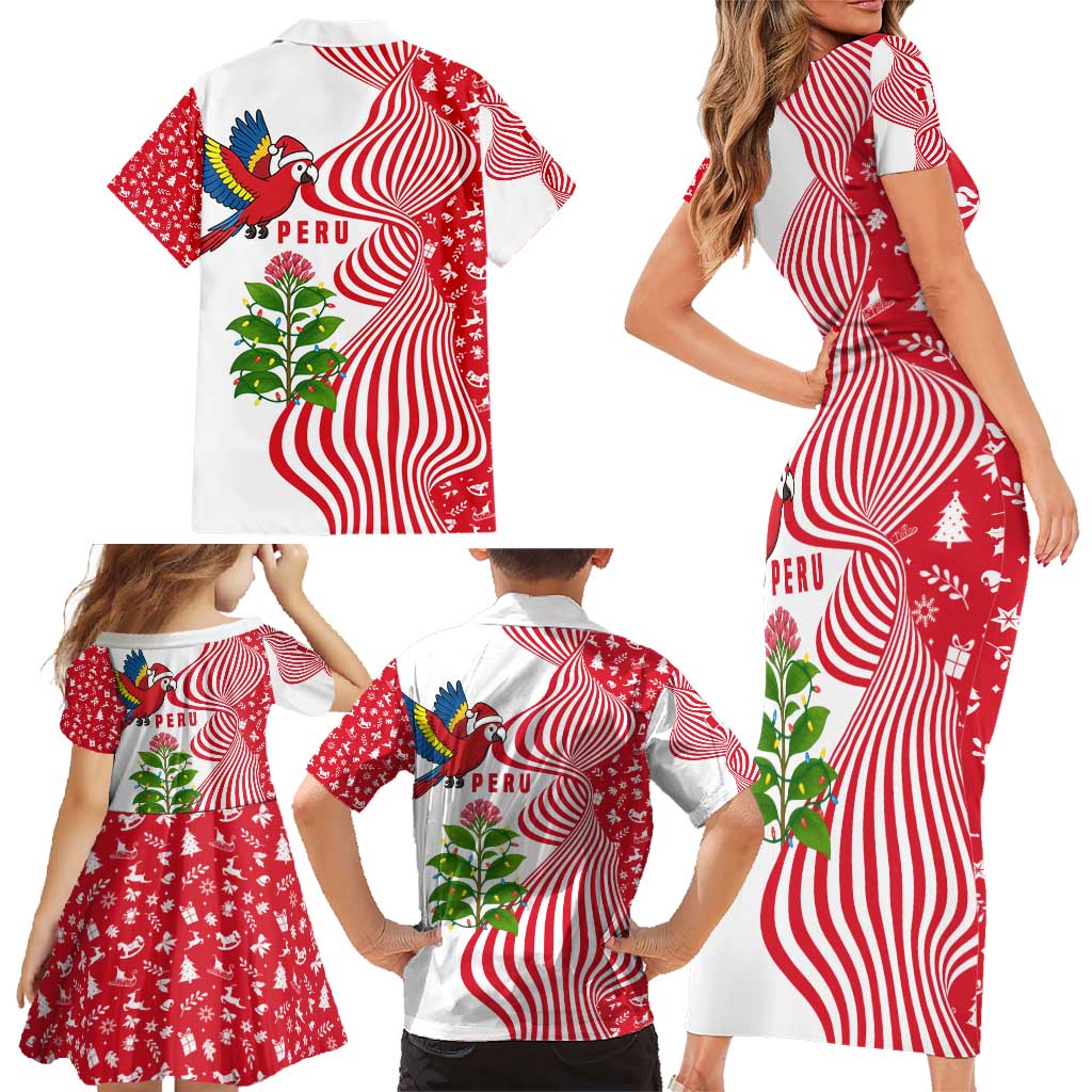 Peru Christmas Family Matching Short Sleeve Bodycon Dress and Hawaiian Shirt with Santa Macaw Cantuta Flower Red Swirl Pattern and Festive Design - Wonder Print Shop