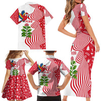 Peru Christmas Family Matching Short Sleeve Bodycon Dress and Hawaiian Shirt with Santa Macaw Cantuta Flower Red Swirl Pattern and Festive Design - Wonder Print Shop