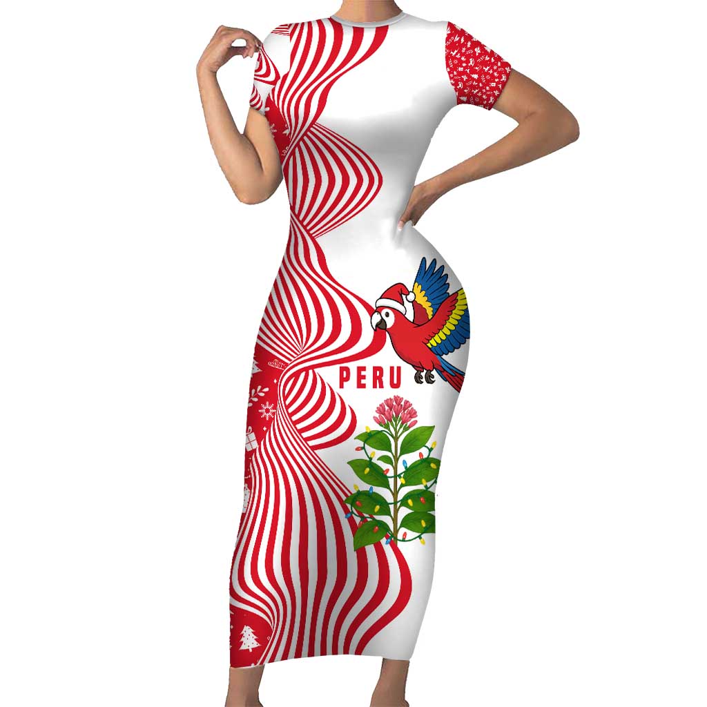 Peru Christmas Family Matching Short Sleeve Bodycon Dress and Hawaiian Shirt with Santa Macaw Cantuta Flower Red Swirl Pattern and Festive Design - Wonder Print Shop