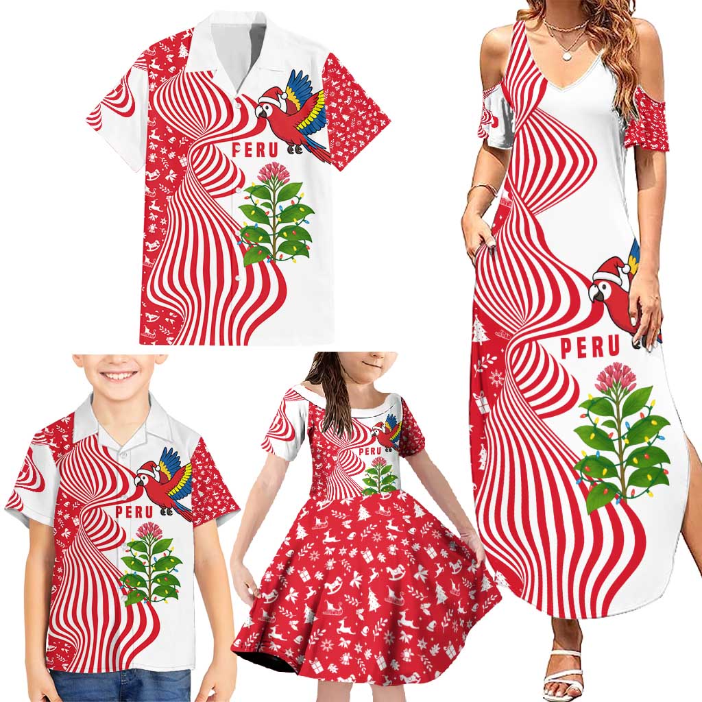 Peru Christmas Family Matching Summer Maxi Dress and Hawaiian Shirt with Santa Macaw Cantuta Flower Red Swirl Pattern and Festive Design - Wonder Print Shop