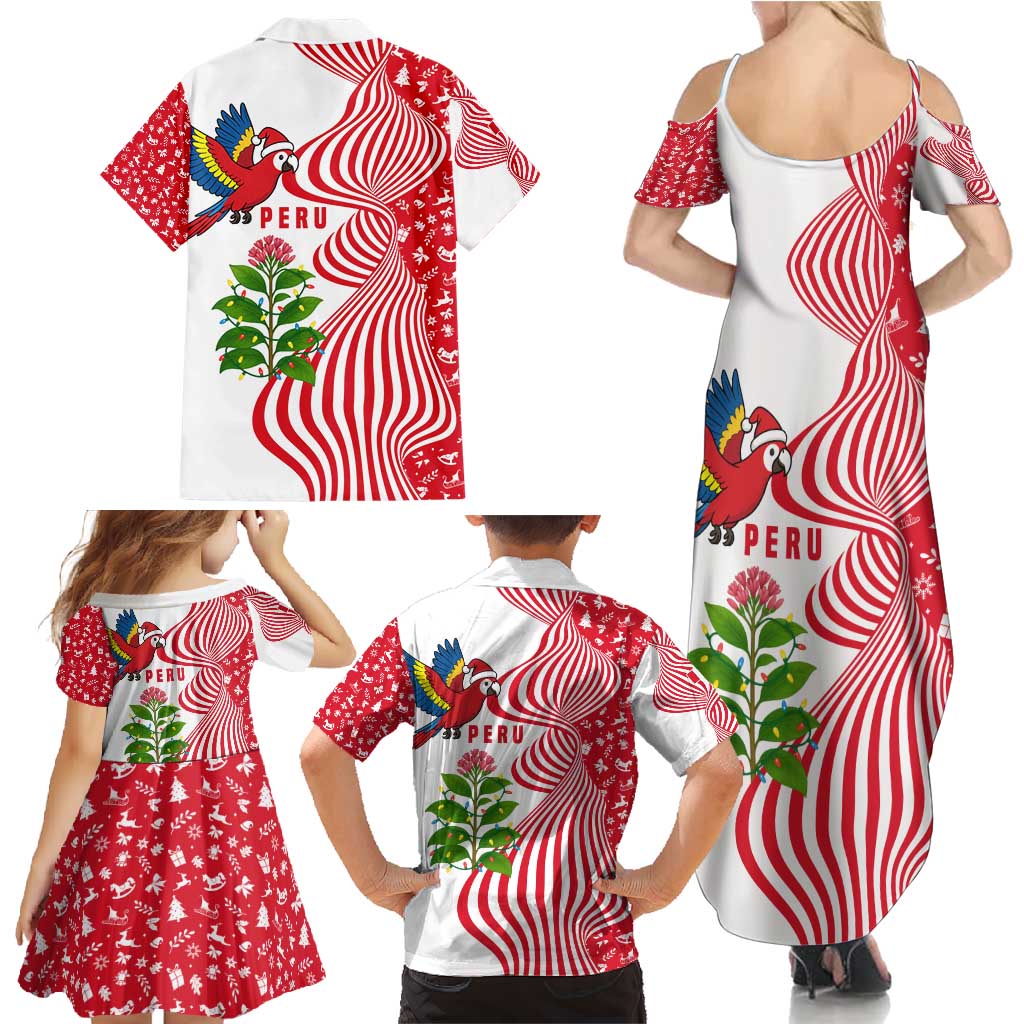 Peru Christmas Family Matching Summer Maxi Dress and Hawaiian Shirt with Santa Macaw Cantuta Flower Red Swirl Pattern and Festive Design - Wonder Print Shop