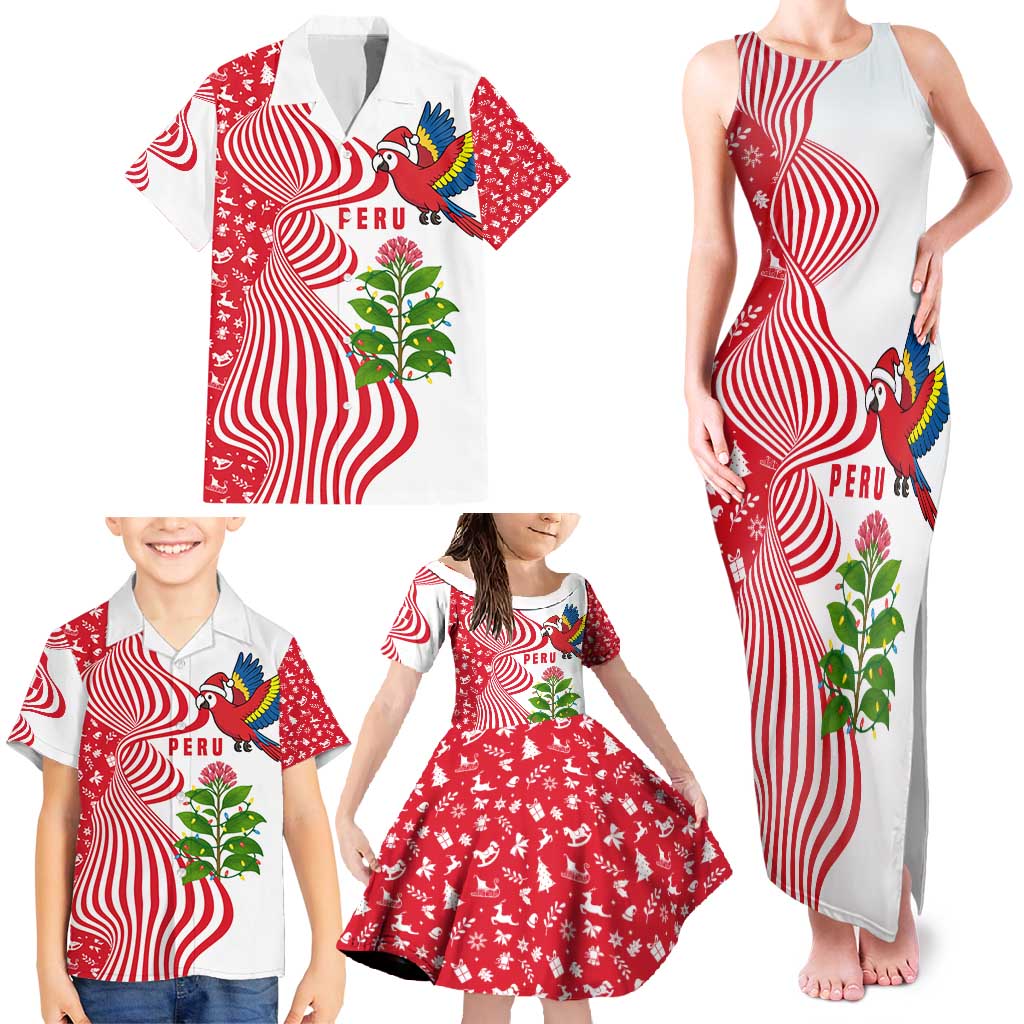 Peru Christmas Family Matching Tank Maxi Dress and Hawaiian Shirt with Santa Macaw Cantuta Flower Red Swirl Pattern and Festive Design - Wonder Print Shop