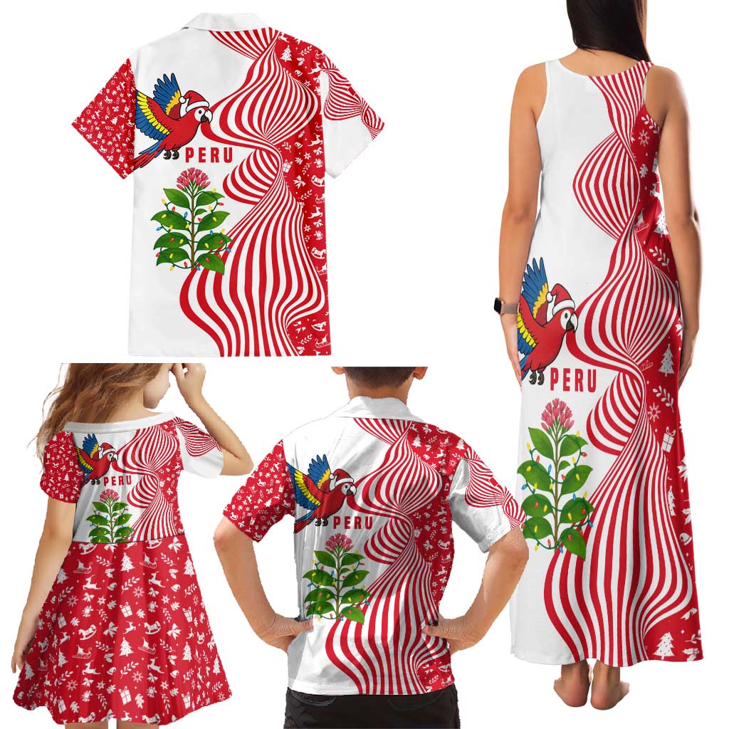 Peru Christmas Family Matching Tank Maxi Dress and Hawaiian Shirt with Santa Macaw Cantuta Flower Red Swirl Pattern and Festive Design - Wonder Print Shop