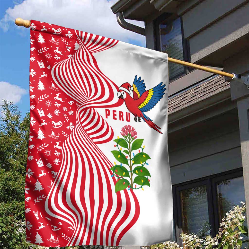 Peru Christmas Garden Flag with Santa Macaw Cantuta Flower Red Swirl Pattern and Festive Design - Wonder Print Shop