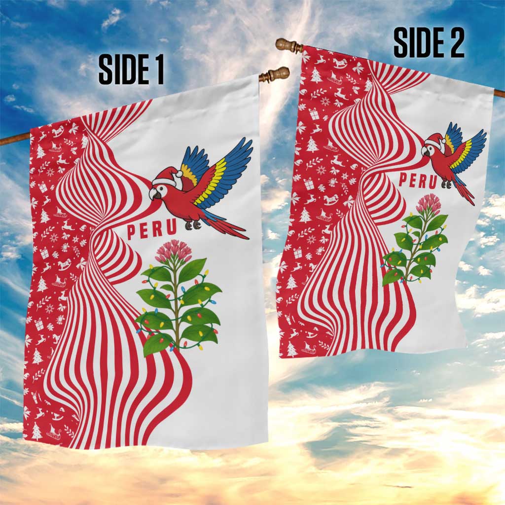 Peru Christmas Garden Flag with Santa Macaw Cantuta Flower Red Swirl Pattern and Festive Design - Wonder Print Shop