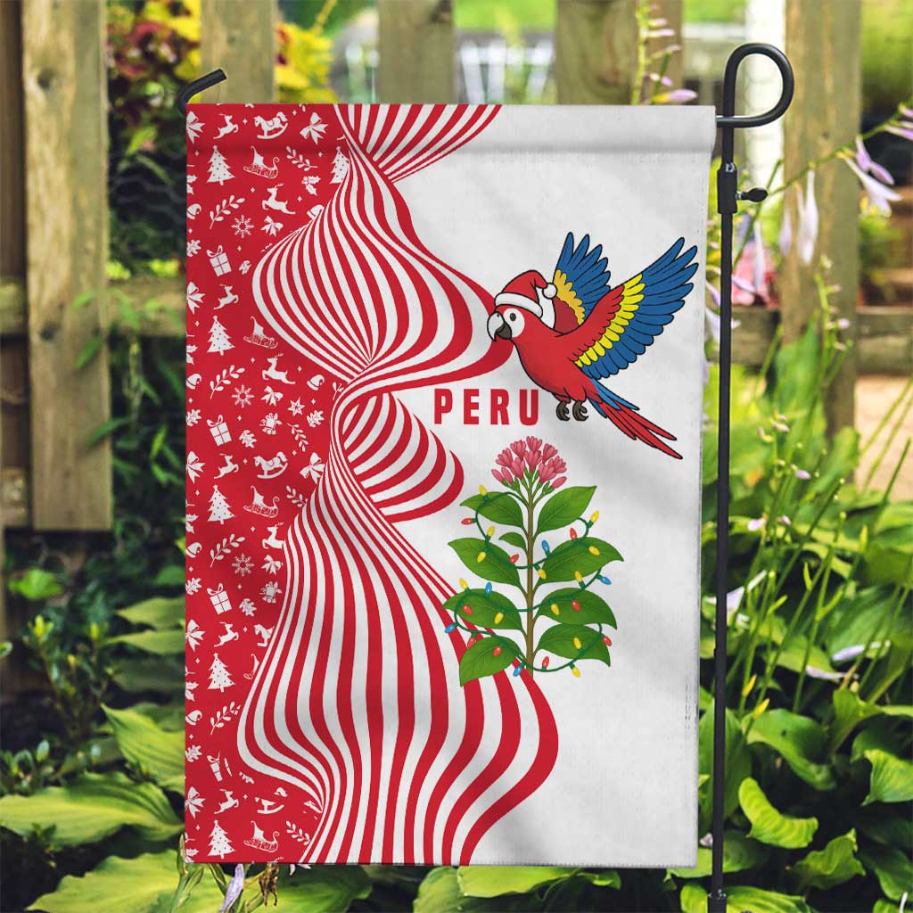 Peru Christmas Garden Flag with Santa Macaw Cantuta Flower Red Swirl Pattern and Festive Design - Wonder Print Shop