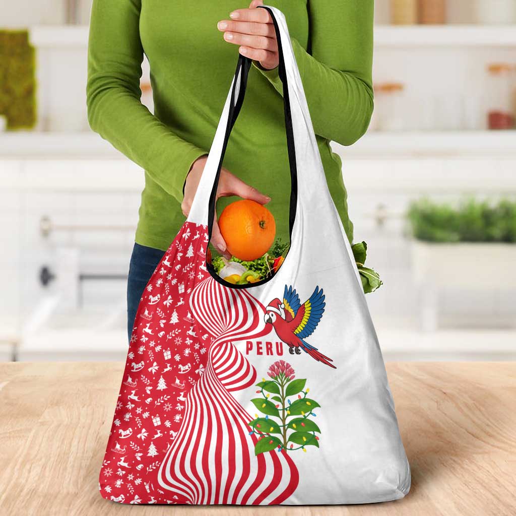 Peru Christmas Grocery Bag with Santa Macaw Cantuta Flower Red Swirl Pattern and Festive Design - Wonder Print Shop