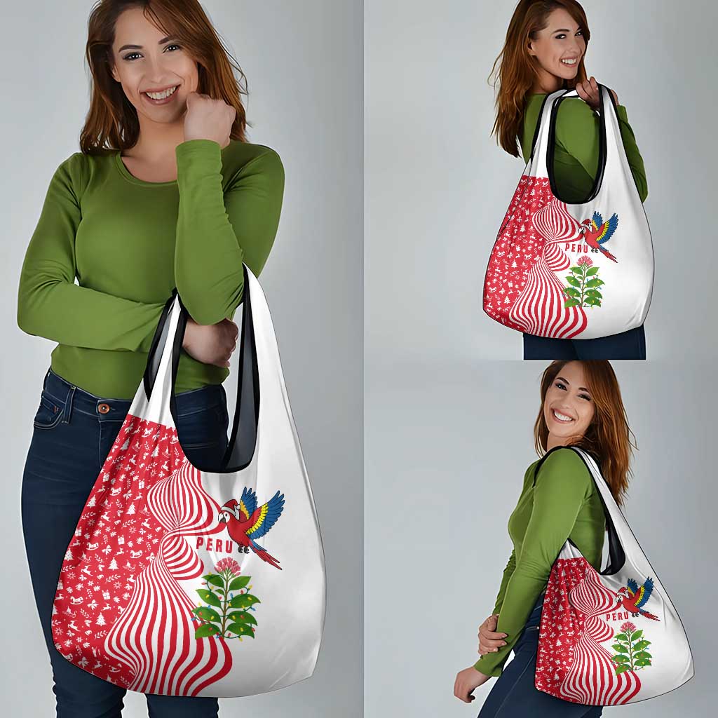 Peru Christmas Grocery Bag with Santa Macaw Cantuta Flower Red Swirl Pattern and Festive Design - Wonder Print Shop