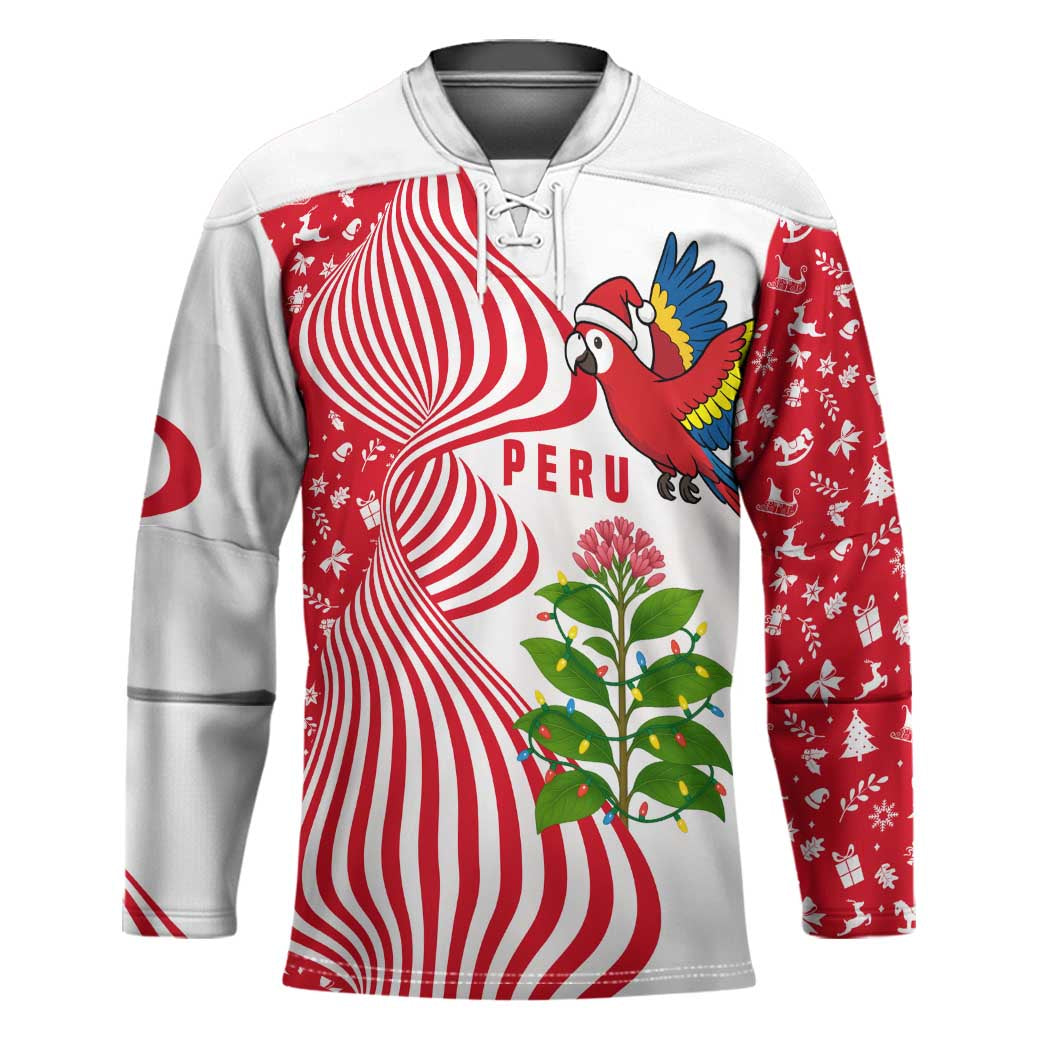 Peru Christmas Hockey Jersey with Santa Macaw Cantuta Flower Red Swirl Pattern and Festive Design - Wonder Print Shop