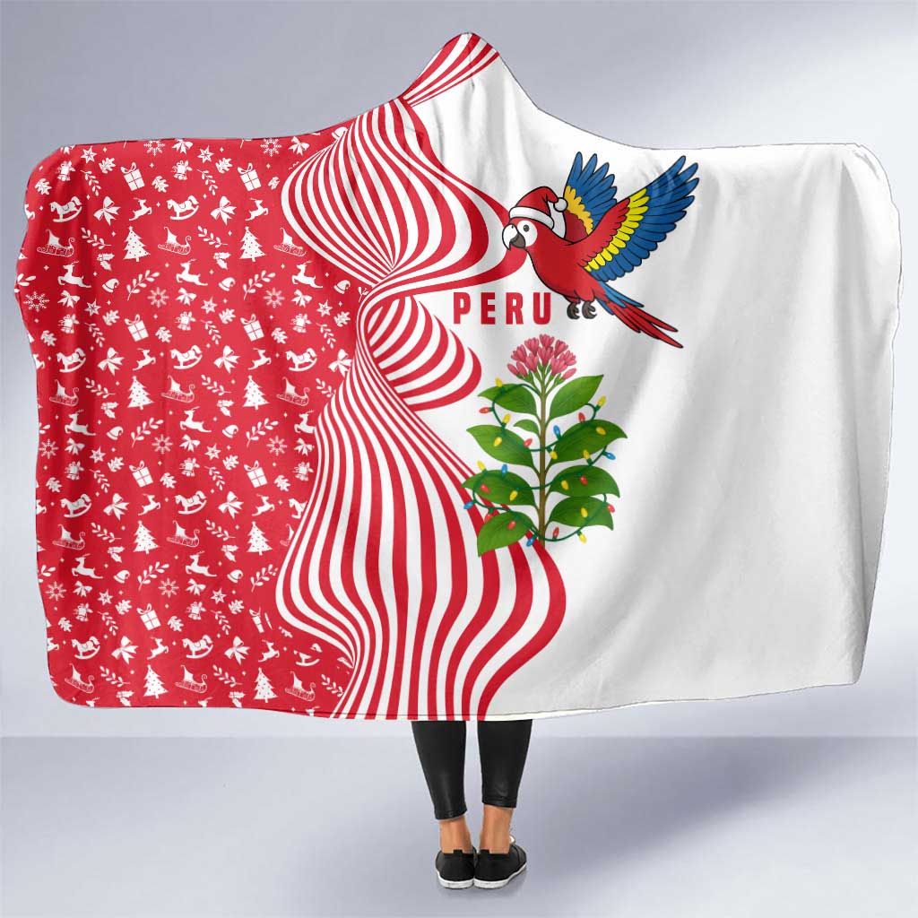 Peru Christmas Hooded Blanket with Santa Macaw Cantuta Flower Red Swirl Pattern and Festive Design - Wonder Print Shop
