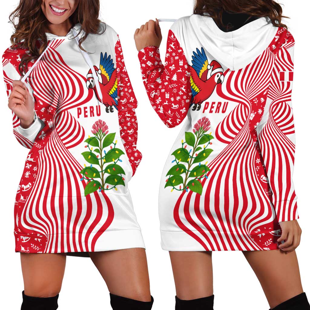Peru Christmas Hoodie Dress with Santa Macaw Cantuta Flower Red Swirl Pattern and Festive Design - Wonder Print Shop