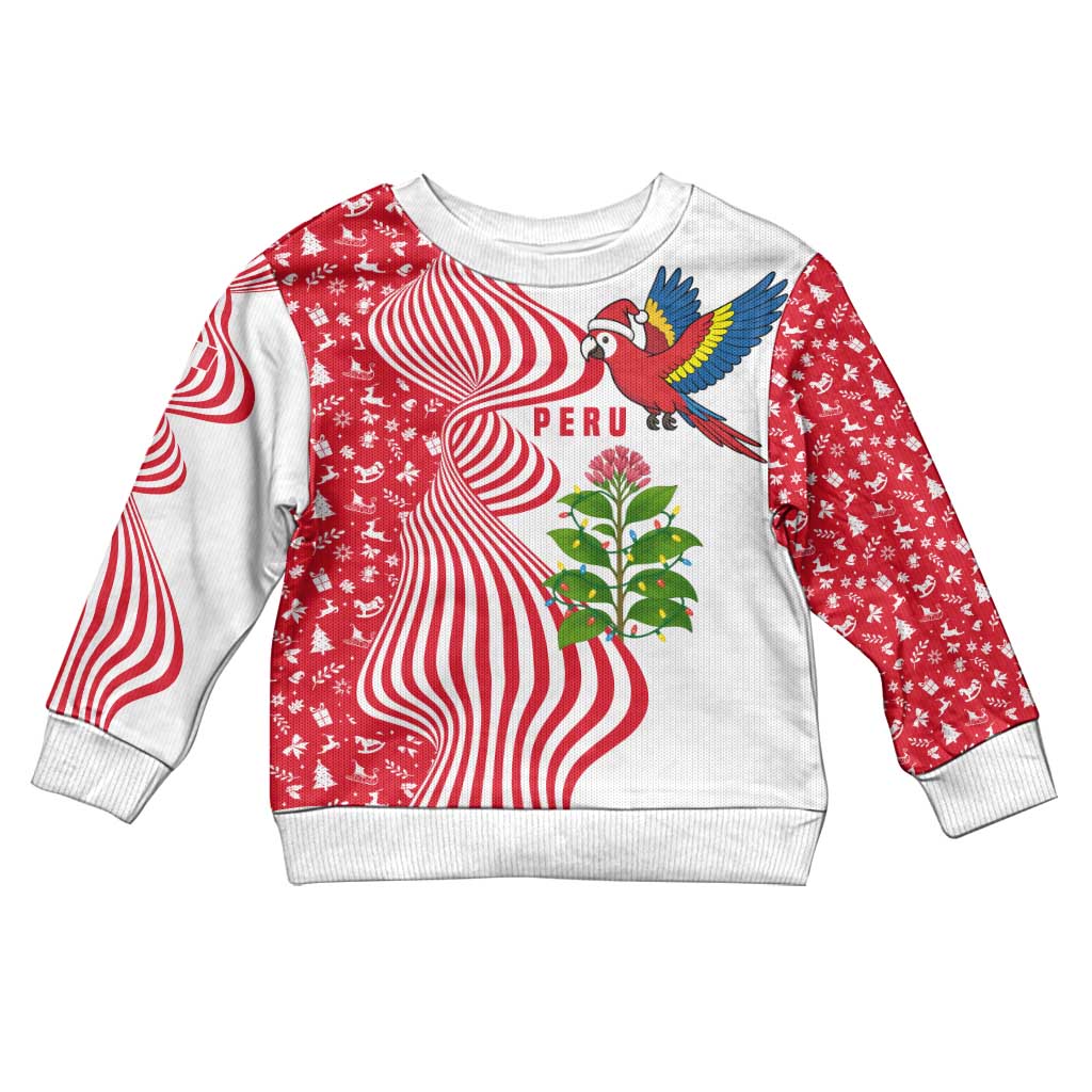 Peru Christmas Kid Ugly Christmas Sweater with Santa Macaw Cantuta Flower Red Swirl Pattern and Festive Design - Wonder Print Shop