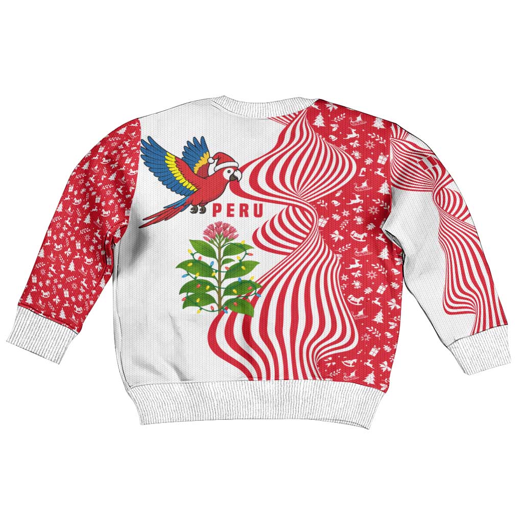 Peru Christmas Kid Ugly Christmas Sweater with Santa Macaw Cantuta Flower Red Swirl Pattern and Festive Design - Wonder Print Shop