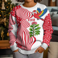 Peru Christmas Kid Ugly Christmas Sweater with Santa Macaw Cantuta Flower Red Swirl Pattern and Festive Design - Wonder Print Shop