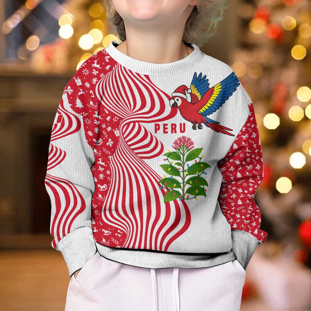 Peru Christmas Kid Ugly Christmas Sweater with Santa Macaw Cantuta Flower Red Swirl Pattern and Festive Design - Wonder Print Shop