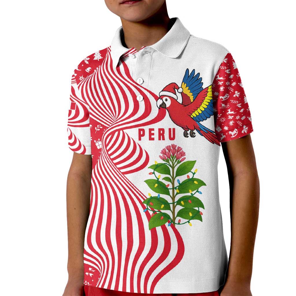 Peru Christmas Kid Polo Shirt with Santa Macaw Cantuta Flower Red Swirl Pattern and Festive Design - Wonder Print Shop