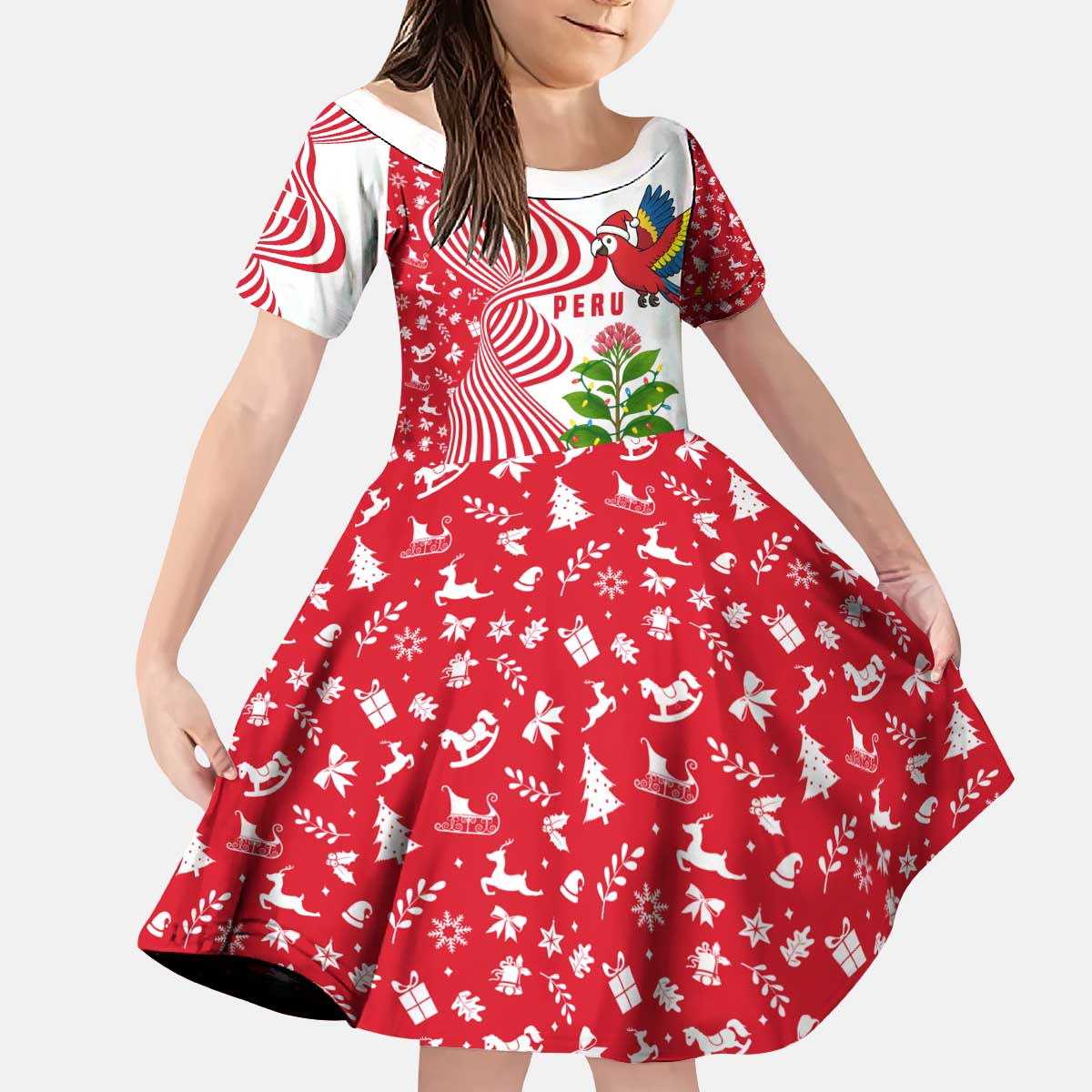 Peru Christmas Kid Short Sleeve Dress with Santa Macaw Cantuta Flower Red Swirl Pattern and Festive Design - Wonder Print Shop