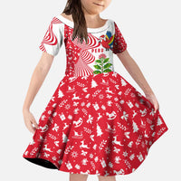 Peru Christmas Kid Short Sleeve Dress with Santa Macaw Cantuta Flower Red Swirl Pattern and Festive Design - Wonder Print Shop