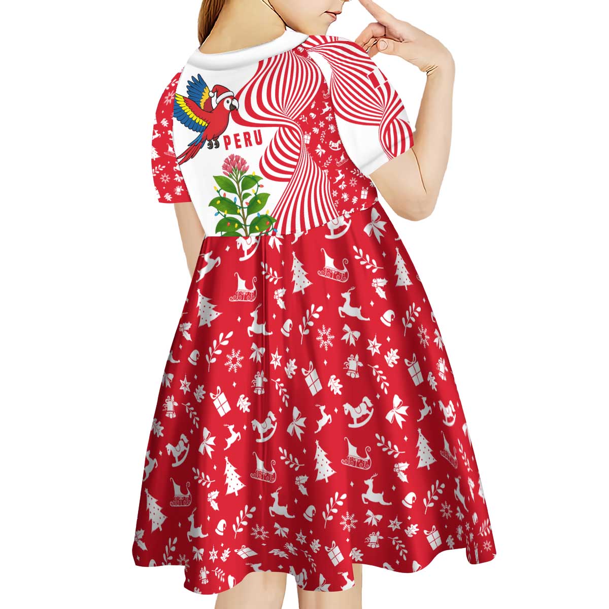 Peru Christmas Kid Short Sleeve Dress with Santa Macaw Cantuta Flower Red Swirl Pattern and Festive Design - Wonder Print Shop