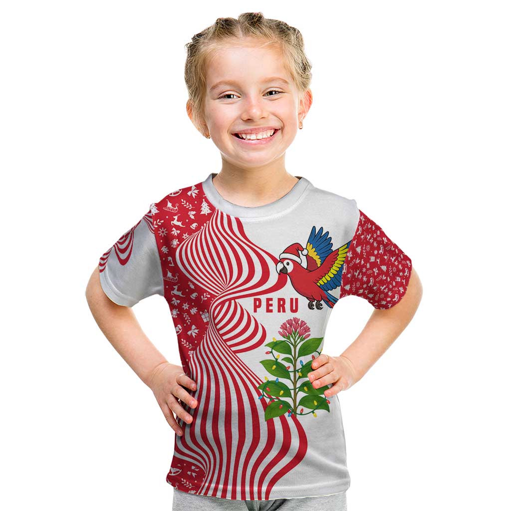 Peru Christmas Kid T Shirt with Santa Macaw Cantuta Flower Red Swirl Pattern and Festive Design - Wonder Print Shop