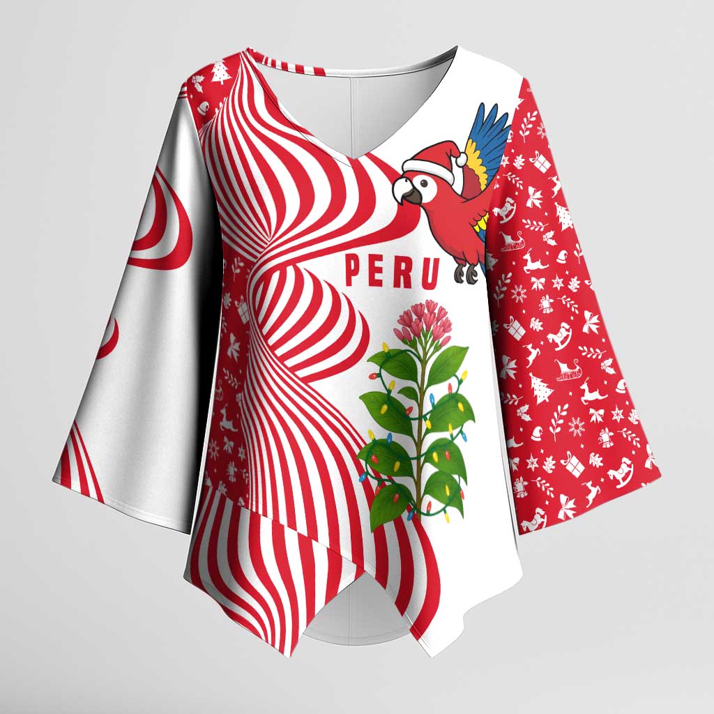 Peru Christmas Kimono Sleeve Blouse with Santa Macaw Cantuta Flower Red Swirl Pattern and Festive Design - Wonder Print Shop