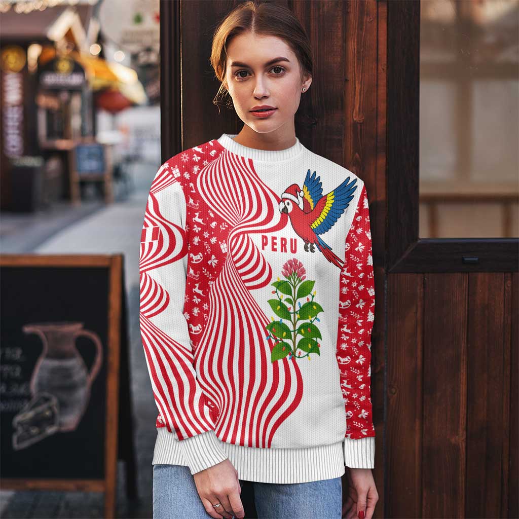 Peru Christmas Ugly Christmas Sweater with Santa Macaw Cantuta Flower Red Swirl Pattern and Festive Design - Wonder Print Shop