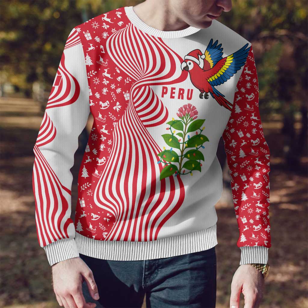 Peru Christmas Ugly Christmas Sweater with Santa Macaw Cantuta Flower Red Swirl Pattern and Festive Design - Wonder Print Shop