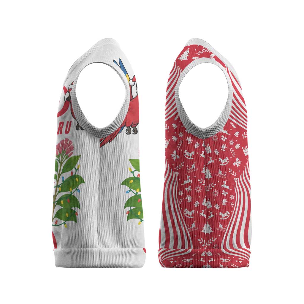 Peru Christmas Knitted V-Neck Vest with Santa Macaw Cantuta Flower Red Swirl Pattern and Festive Design - Wonder Print Shop