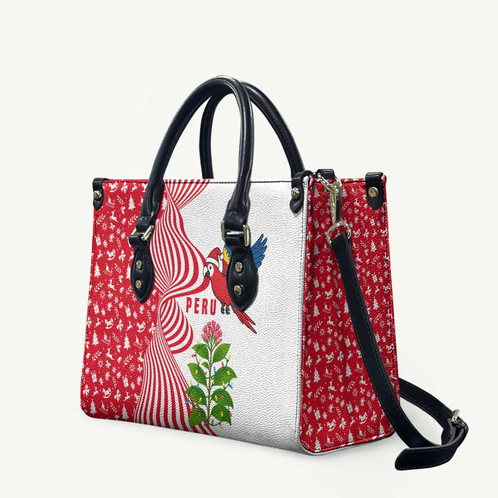 Peru Christmas Leather Bag with Santa Macaw Cantuta Flower Red Swirl Pattern and Festive Design - Wonder Print Shop