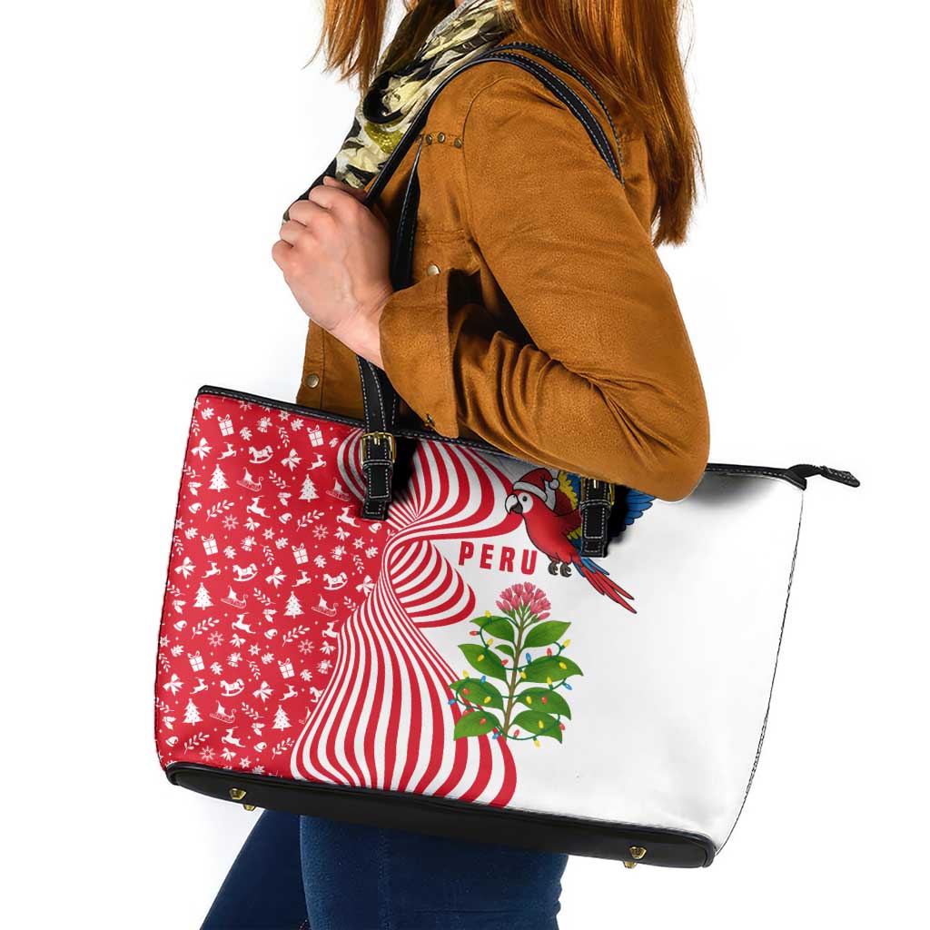 Peru Christmas Leather Tote Bag with Santa Macaw Cantuta Flower Red Swirl Pattern and Festive Design - Wonder Print Shop