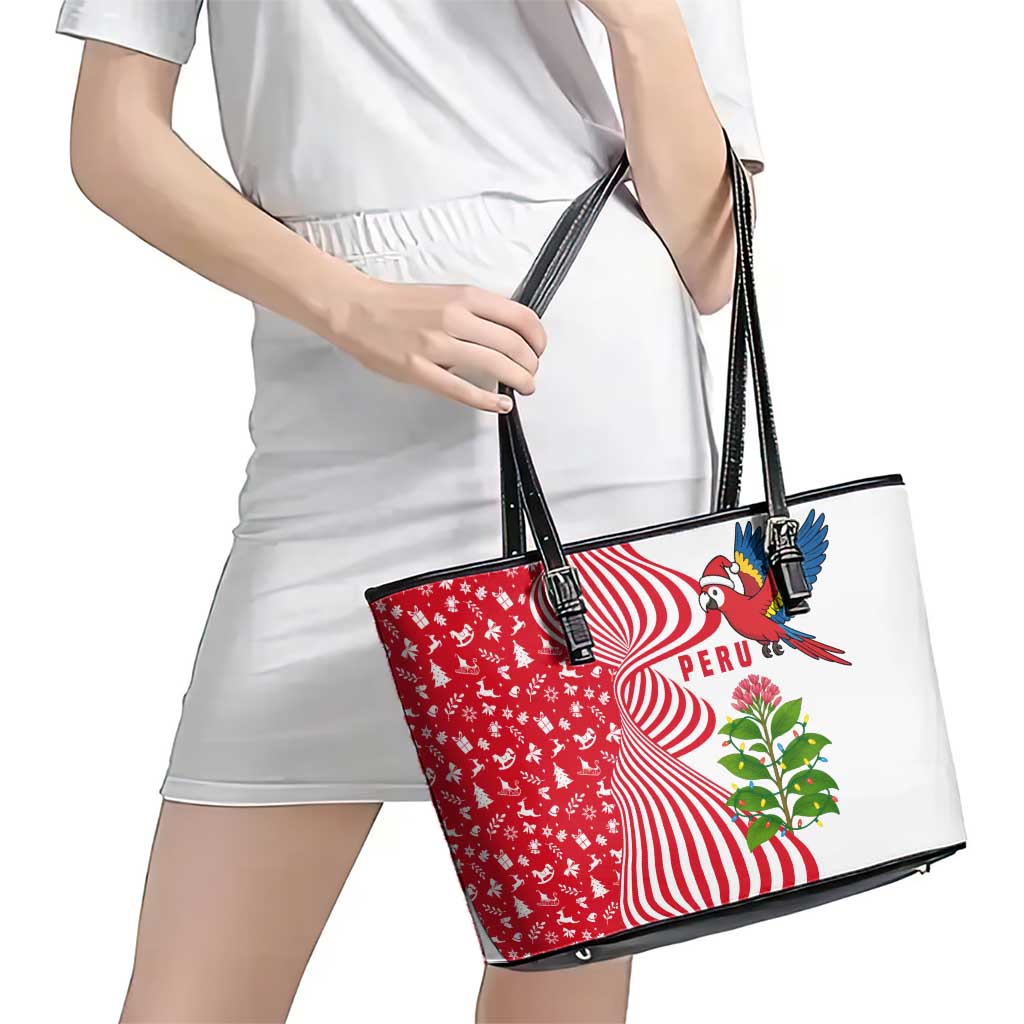 Peru Christmas Leather Tote Bag with Santa Macaw Cantuta Flower Red Swirl Pattern and Festive Design - Wonder Print Shop