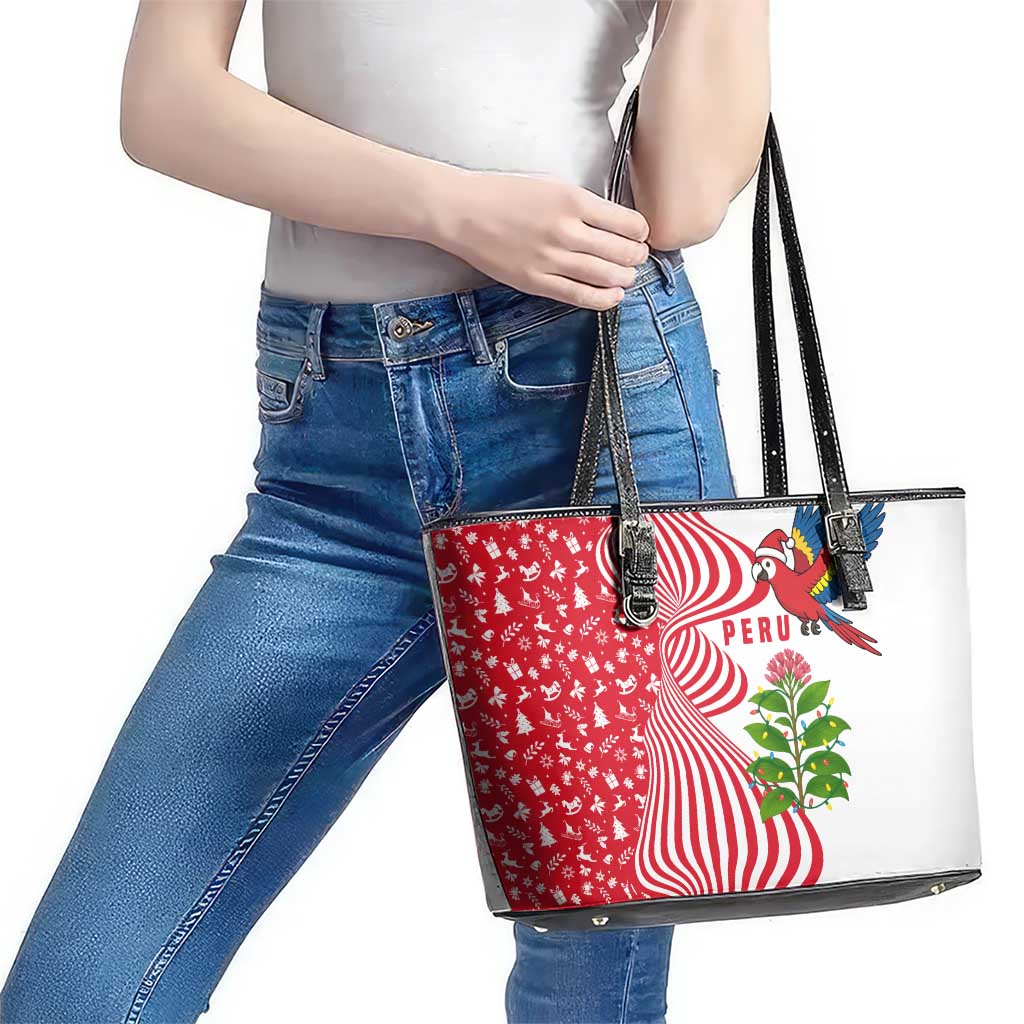 Peru Christmas Leather Tote Bag with Santa Macaw Cantuta Flower Red Swirl Pattern and Festive Design - Wonder Print Shop