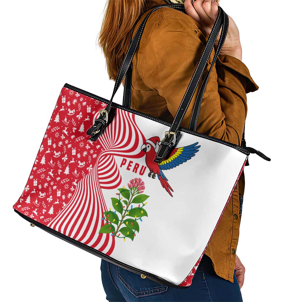 Peru Christmas Leather Tote Bag with Santa Macaw Cantuta Flower Red Swirl Pattern and Festive Design - Wonder Print Shop
