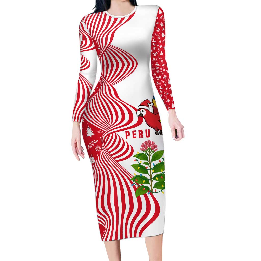 Peru Christmas Long Sleeve Bodycon Dress with Santa Macaw Cantuta Flower Red Swirl Pattern and Festive Design - Wonder Print Shop