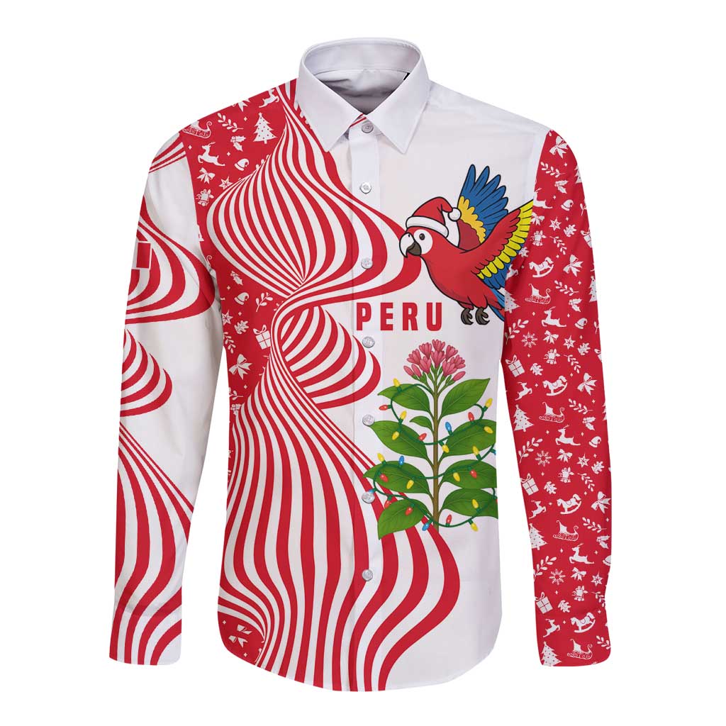 Peru Christmas Long Sleeve Button Shirt with Santa Macaw Cantuta Flower Red Swirl Pattern and Festive Design - Wonder Print Shop