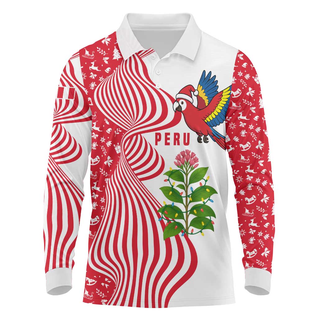 Peru Christmas Long Sleeve Polo Shirt with Santa Macaw Cantuta Flower Red Swirl Pattern and Festive Design - Wonder Print Shop