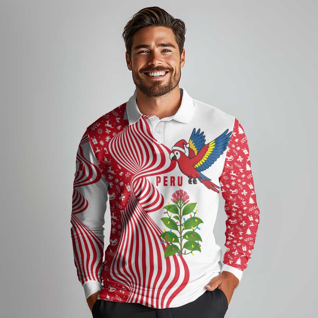 Peru Christmas Long Sleeve Polo Shirt with Santa Macaw Cantuta Flower Red Swirl Pattern and Festive Design - Wonder Print Shop