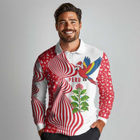 Peru Christmas Long Sleeve Polo Shirt with Santa Macaw Cantuta Flower Red Swirl Pattern and Festive Design - Wonder Print Shop