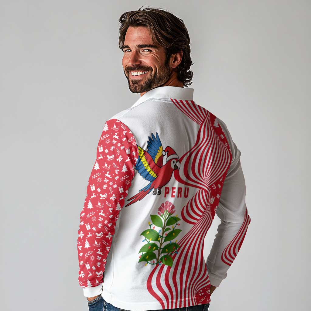 Peru Christmas Long Sleeve Polo Shirt with Santa Macaw Cantuta Flower Red Swirl Pattern and Festive Design - Wonder Print Shop