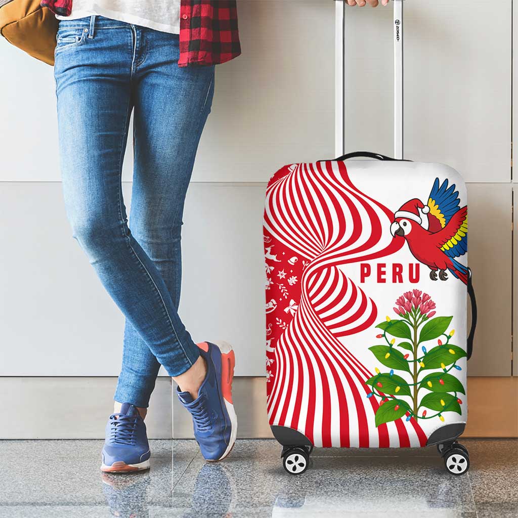 Peru Christmas Luggage Cover with Santa Macaw Cantuta Flower Red Swirl Pattern and Festive Design - Wonder Print Shop