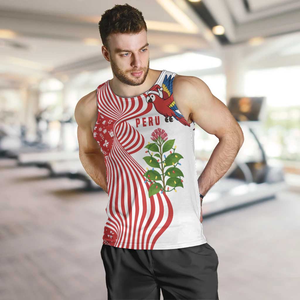 Peru Christmas Men Tank Top with Santa Macaw Cantuta Flower Red Swirl Pattern and Festive Design - Wonder Print Shop