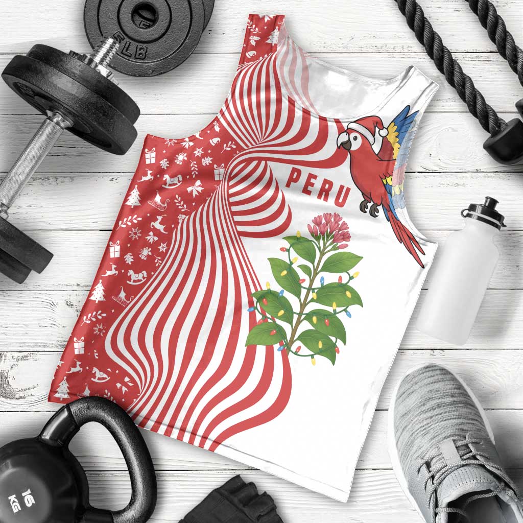 Peru Christmas Men Tank Top with Santa Macaw Cantuta Flower Red Swirl Pattern and Festive Design - Wonder Print Shop