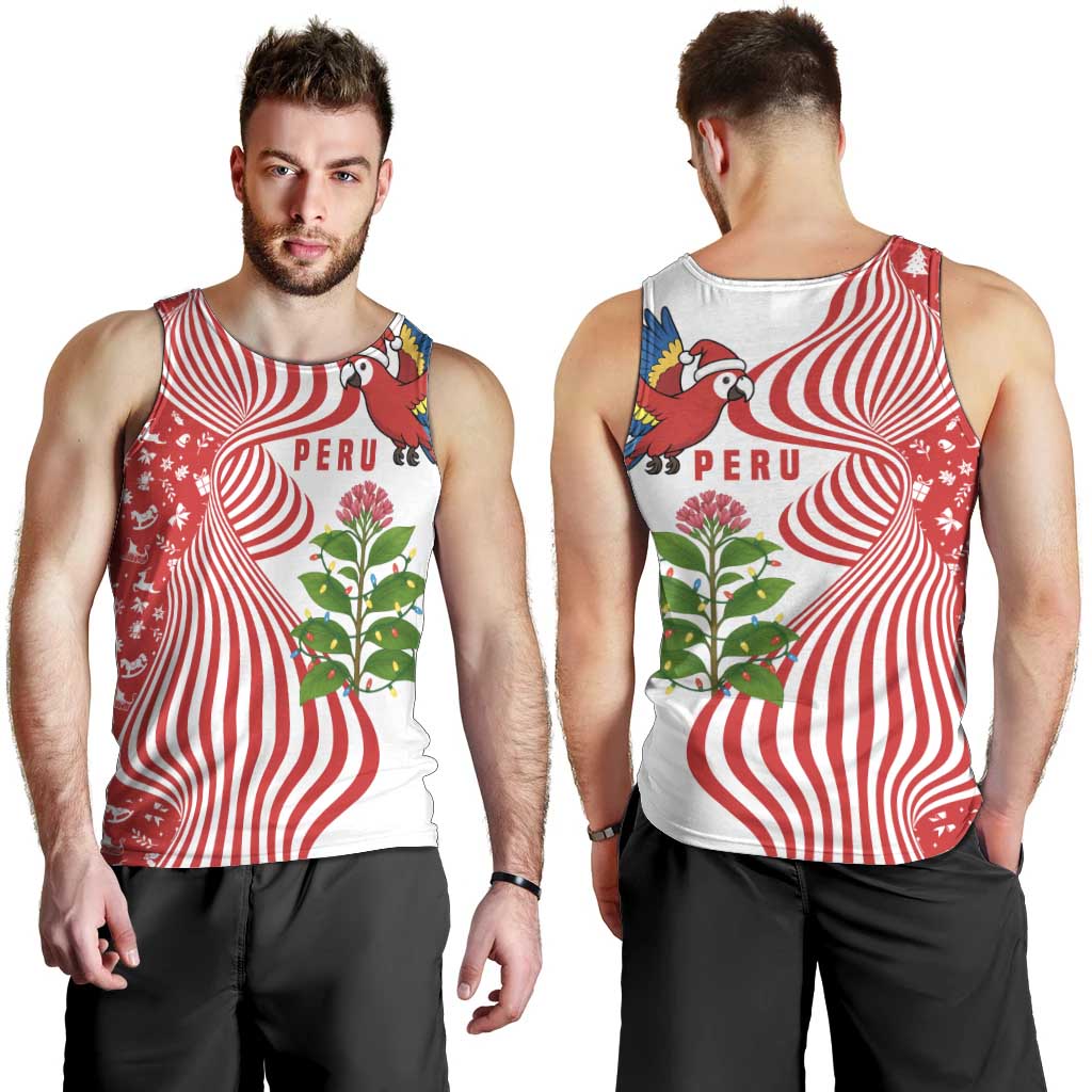 Peru Christmas Men Tank Top with Santa Macaw Cantuta Flower Red Swirl Pattern and Festive Design - Wonder Print Shop