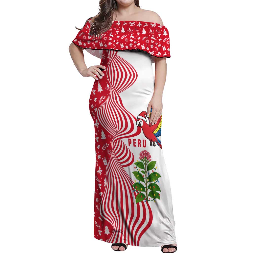 Peru Christmas Off Shoulder Maxi Dress with Santa Macaw Cantuta Flower Red Swirl Pattern and Festive Design - Wonder Print Shop