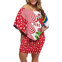 Peru Christmas Off Shoulder Short Dress with Santa Macaw Cantuta Flower Red Swirl Pattern and Festive Design - Wonder Print Shop