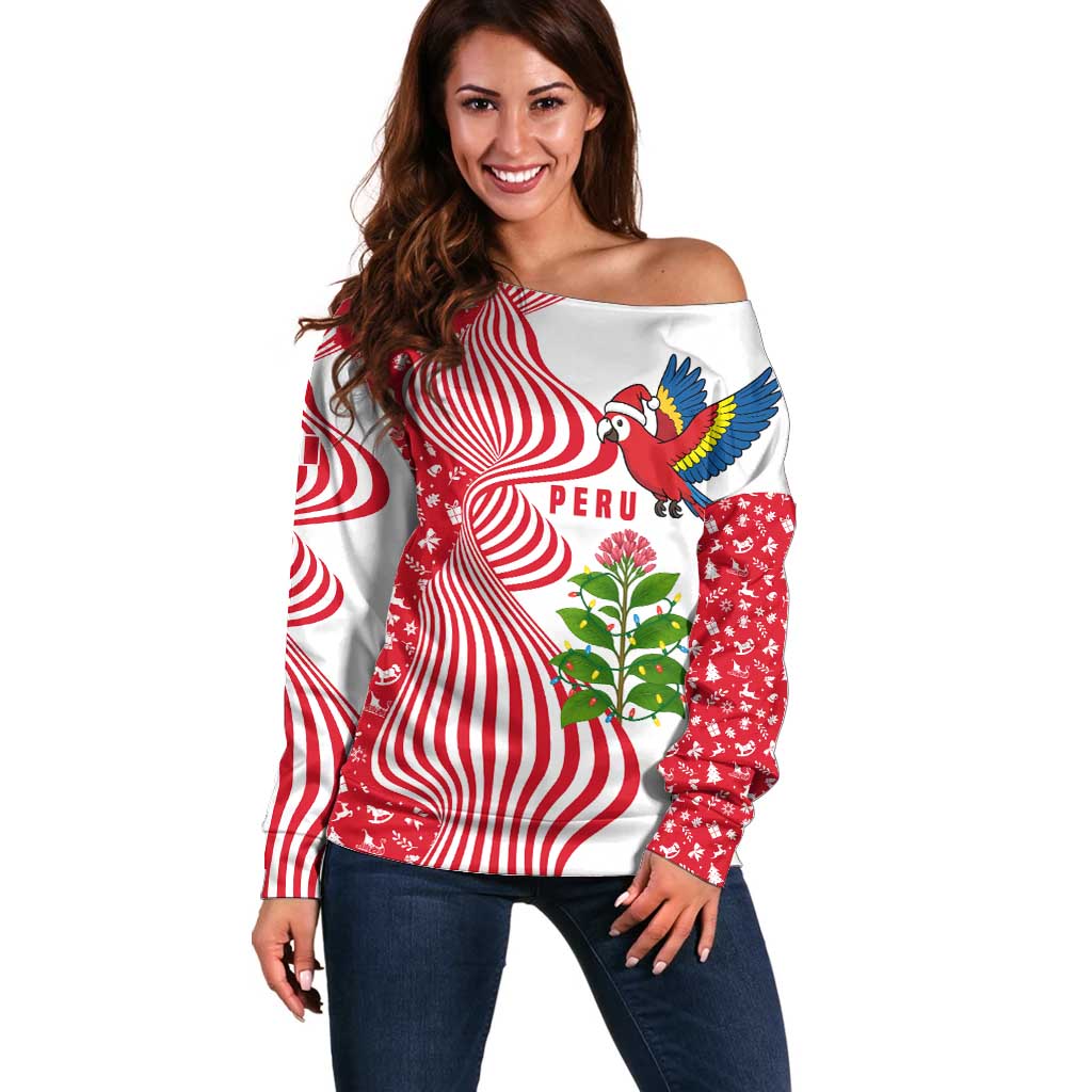 Peru Christmas Off Shoulder Sweater with Santa Macaw Cantuta Flower Red Swirl Pattern and Festive Design - Wonder Print Shop