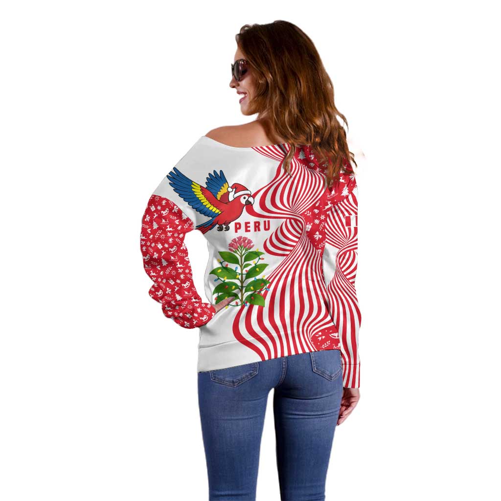 Peru Christmas Off Shoulder Sweater with Santa Macaw Cantuta Flower Red Swirl Pattern and Festive Design - Wonder Print Shop