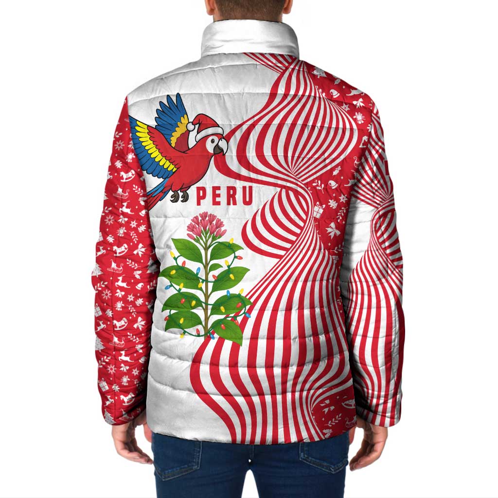 Peru Christmas Padded Jacket with Santa Macaw Cantuta Flower Red Swirl Pattern and Festive Design - Wonder Print Shop