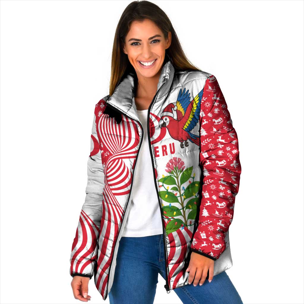 Peru Christmas Padded Jacket with Santa Macaw Cantuta Flower Red Swirl Pattern and Festive Design - Wonder Print Shop
